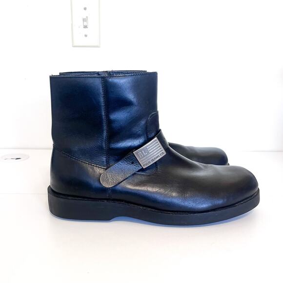 Polo Ralph Lauren Mens Leather Biker Boots Size 13D Black Preppy Buckle Grunge - Picture 1 of 8